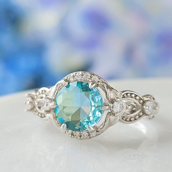 Aquamarine Blue & Teal tourmaline stone ring, 925 Sterling Silver Charmed Aroma - Picture 4 of 5